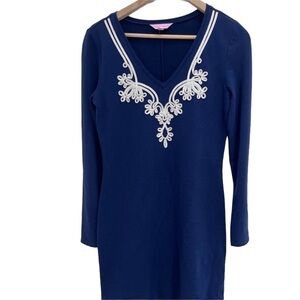 Lilly Pulitzer navy long sleeve dress with embroider size small